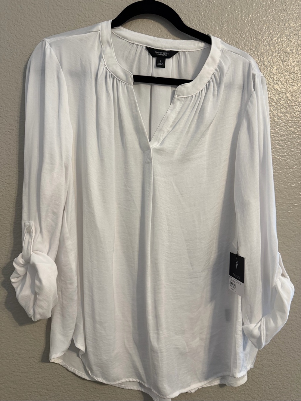 Vera Wang Split Neck Roll-Tab Sleeve Blouse - White